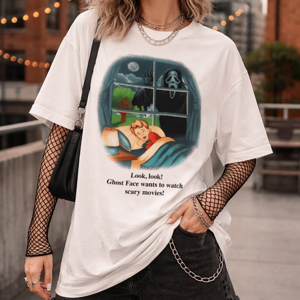 'GHOST FACE'😱"Look,look" White Graphic Horror Tee in EUC 100% Cotton Sz L
